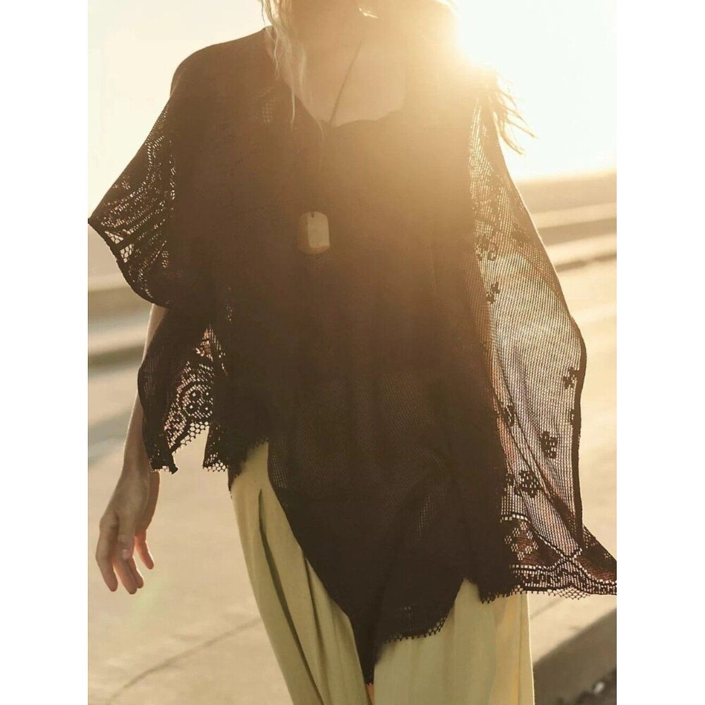 Free People Elsa Poncho Cropped Top Sheer Crochet Lace Pullover Beach OS 290718